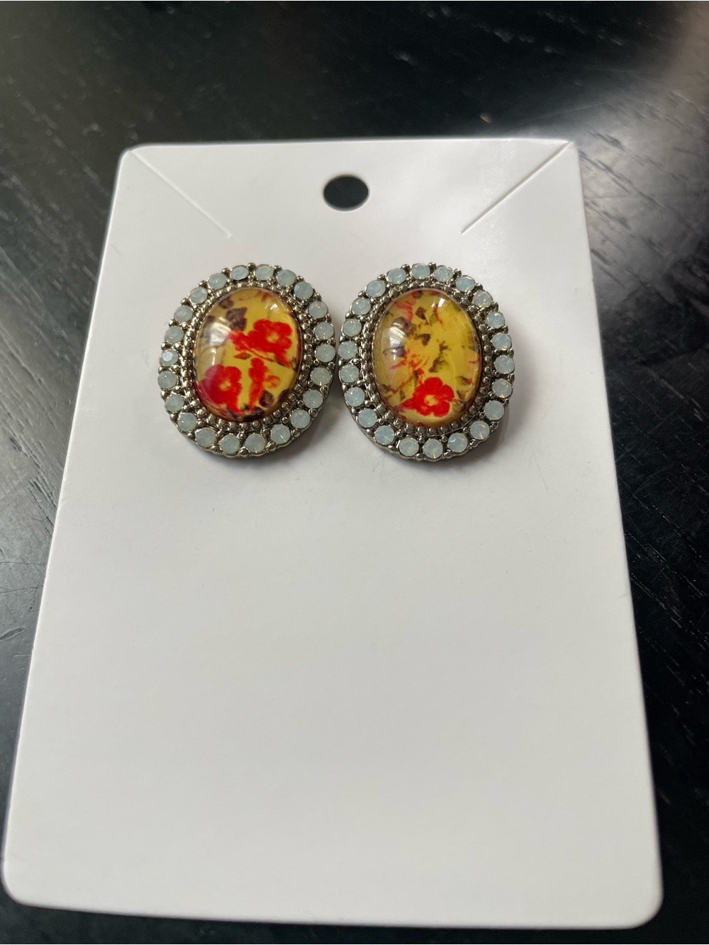 Floral Oval Stud Earrings with Crystal Halo